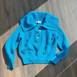 LOFT Bright Turquoise Ribbed Polo-Collar Sweater